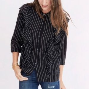 Madewell Black/White Stripe Ruffle L/S Button Down Blouse Size Small 100% Silk